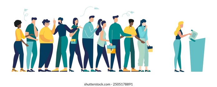 election campaign, group of voters in queue at polling station vote make decision and put paper ballot in ballot box. democracy government people's choice. vector flat illustration fair elections