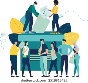 election campaign, group of voters in queue at polling station vote make decision and put paper ballot in ballot box. democracy government people's choice. vector flat illustration fair elections