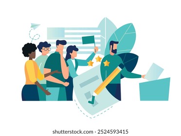 election campaign, group of voters in queue at polling station vote make decision and put paper ballot in ballot box. democracy government people's choice. vector flat illustration fair elections
