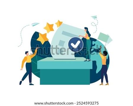 election campaign, group of voters in queue at polling station vote make decision and put paper ballot in ballot box. democracy government people's choice. vector flat illustration fair elections
