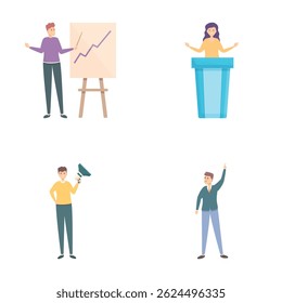 Ícones da campanha eleitoral marcam o vetor dos desenhos animados. Fala alto e agita as pessoas. Falar em público, agitação