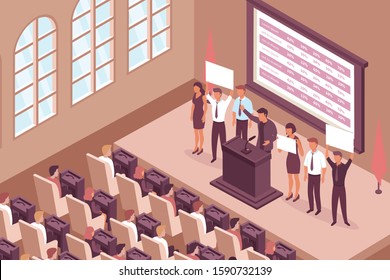 Election campaign isometric composition with indoor view of chamber hall with windows deputy seats and stage vector illustration