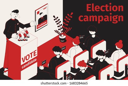 Election campaign isometric composition with view of press conference with speaking candidate and party member characters vector illustration