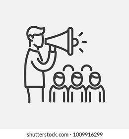 Election campaign- line design single isolated icon on white background. High quality black pictogram. An image of a man speaking with a megaphone in front of the public