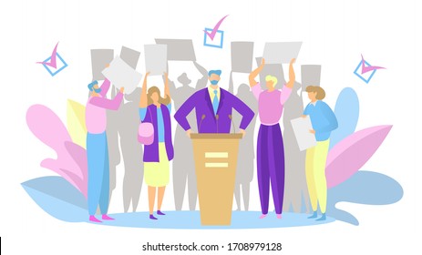 Election campaign, party candidate speech, people support political leader, vector illustration. Cartoon characters voting for president, minister or mayor. Government chairman, congress speaker man