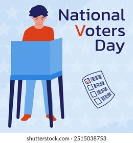 Election campaign. Political company. Boy in the voting booth make their choice. A call to vote. National Voter Day. Vector illustration in a flat style.