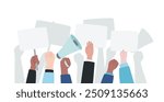 Election campaign. Political demonstration for democratic values. Hands holding blank posters. Vector illustration of manifesting activists