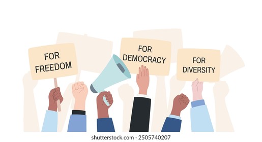 Election campaign. Political demonstration for democratic values. Hands holding posters. Vector illustration of manifesting activists