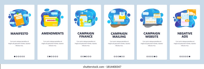 Election campaign. Political party or candidate manifesto, amendments, finance, website, ad. Mobile app screens. Vector banner template for website and mobile development. Web site design illustration