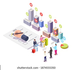 Election campaign, polling day, vector isometric illustration. Two political candidates speech behind the rostrum, voters activists meeting, hand making choice, candidate rating electorate statistics.