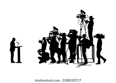 Election campaign public speaker politician man vote press conference vector silhouette illustration isolated. Meeting event. Businessman speaking talking against media tv crew cameraman photographer.