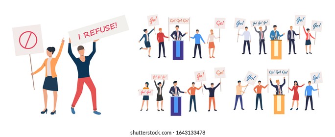 Election campaign set. Team holding Go placards, supporting candidate or speaker. Flat vector illustrations. Election concept for banner, website design or landing web page