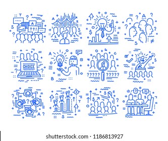 Election campaign, sociology, social research interviewing, recruitment. Set of vector linear icons.