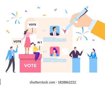 Election campaign, vector illustration. President candidate vote, flat political debate with people from government concept. Public politics speech, cartoon choice ballot and people voting design.