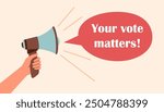 Election campaign. Vote banner. Democracy vote. Voting concept. Megafone with speechbubble in human hand.