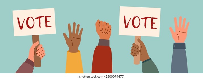 Election campaign. Vote banner. Democracy vote. Voting concept. Human hands with vote banners. 