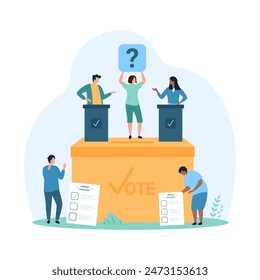 Election campaign and vote box, democracy. Tiny people choose between man and woman candidates for president or mayor, voters holding paper ballots with check mark cartoon vector illustration