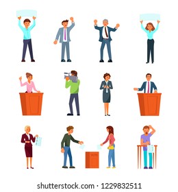 Election campaign and voting concept vector flat illustration isolated on white background. People involved in election process. Political candidates making statements, voters in polling station.