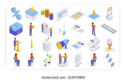 Election campaign and voting isometric icon set. Election program, speech. Polling day, ballot box, voters, vector.