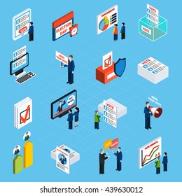 Election campaign and voting isometric icons set with ballot box voter list and people making agitation flat vector illustration