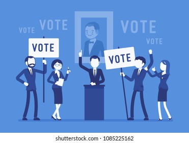 Election Campaign Voting. Politician, Party Candidate In Excited Speech Persuades To Vote For Him, Active People At Meeting Holding Signs, Banners To Support. Vector Illustration, Faceless Characters