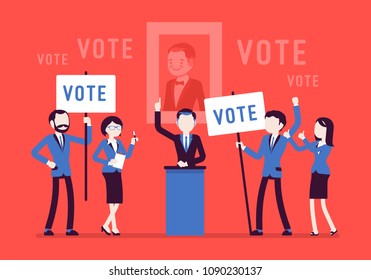 Election Campaign Voting. Politician, Party Candidate In Excited Speech Persuades To Vote For Him, Active People At Meeting Holding Signs, Banners To Support. Vector Illustration, Faceless Characters