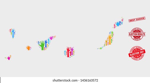 Election Canary Islands map and seal stamps. Red rectangular Best Choice textured seal stamp. Colored Canary Islands map mosaic of upwards election hands. Vector combination for election day,