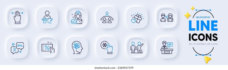 Election candidate, Nurse and Consulting line icons for web app. Pack of Freezing click, Exhibitors, Teamwork pictogram icons. People communication, Discount coupon, Interview job signs. Vector