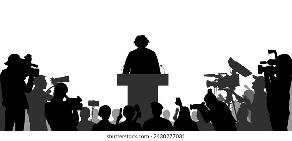 Election. Candidate with election program and reporters, cameramen. Silhouette of people. Vector illustration