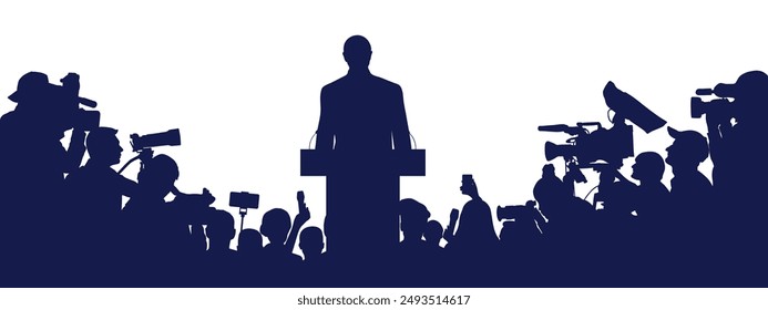 Election. Candidate with election program and reporters, cameramen. Silhouette of people. Vector illustration