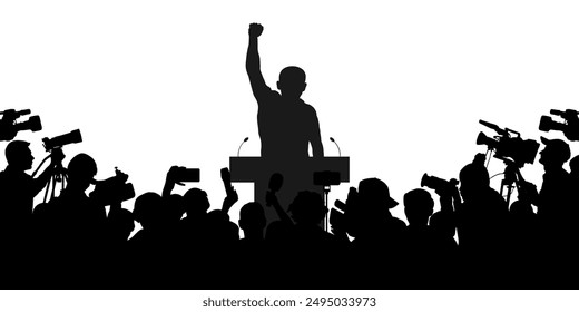 Election. Candidate with election program and reporters, cameramen. Silhouette of people. Vector illustration
