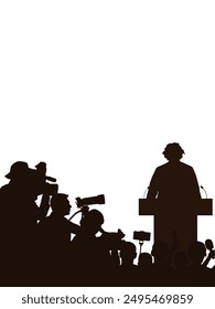 Election. Candidate with election program and reporters, cameramen. Silhouette of people. Vector illustration