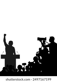 Election. Candidate with election program and reporters, cameramen. Silhouette of people. Vector illustration