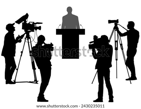 Election. Candidate with election program and reporters, cameramen. Silhouette of people. Vector illustration