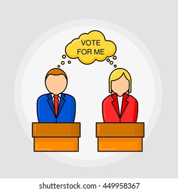 Election. Candidates on tribunes with the quote "Vote for me". Linear style. Political concept.