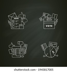Selección de iconos de tiza electoral. Caja electoral, máquina de votación, votación. Elección, concepto de votación. Democracia. Elecciones parlamentarias. Ilustraciones vectoriales aisladas en pizarra