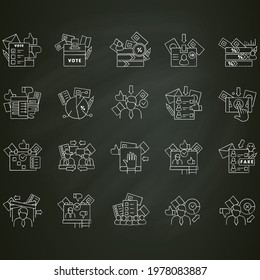 Election chalk icons set.Election machine, vote counting, voting poll.Choice, vote concept.Democracy. Parliamentary or presidential elections.Isolated vector illustrations on chalkboard