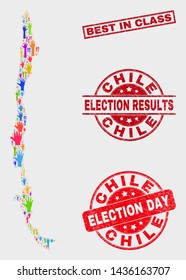 Election Chile Map And Seal Stamps. Red Rectangular Best In Class Distress Seal Stamp. Bright Chile Map Mosaic Of Raised Up Referendum Hands. Vector Collage For Election Day, And Ballot Results.