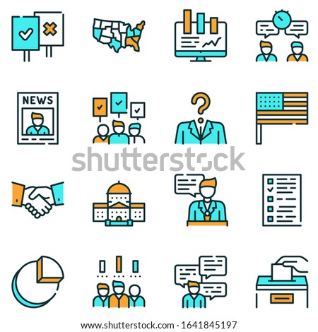Election color linear vector icons set. Voting, ballot box, ranking, candidates, campaign, politics. Democracy or republic. People choice