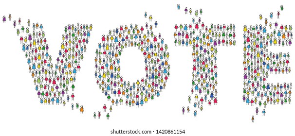 Election, colorful stick people call for VOTE, shaping word, isolated on white background