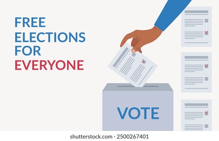 Election concept banner. Free elections for everyone. Ballot box. Black man hand putting ballot paper into ballot box. Fair vote and opinion. Vector illustration