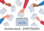 Election concept banner. Vote ballot box. Diversity group of people putting paper ballots into the ballot box. Fair voting and opinion. Vector illustration