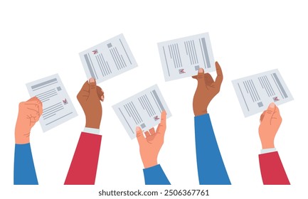Election concept banner. Vote. Hands of diversity group of people holding paper ballots. Fair voting and opinion. Vector illustration