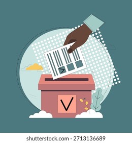Concepto electoral.  Dejar caer una papeleta en una urna. Votación. Tomar una decisión. Ilustración plana de Vector