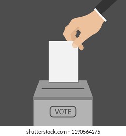 Election concept. Hand putting voting ballot in ballot box. Vector isolated illustration. 