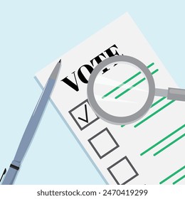 Ilustración del concepto electoral con una solicitud de votación, marca de verificación y pluma