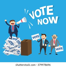 election  concept illustration.man with megaphone standing on ballot papers people voting at ballot box