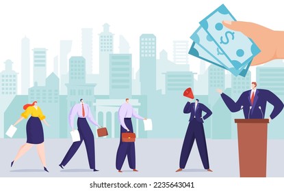 Election corruption, vector illustration,flat man politician candidate stand at podium, assistant with loudspeaker call people voter