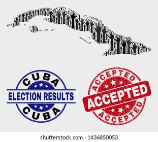 Election Cuba map and watermarks. Red rounded Accepted textured stamp. Black Cuba map mosaic of raised up election hands. Vector combination for election results, with Accepted stamp.
