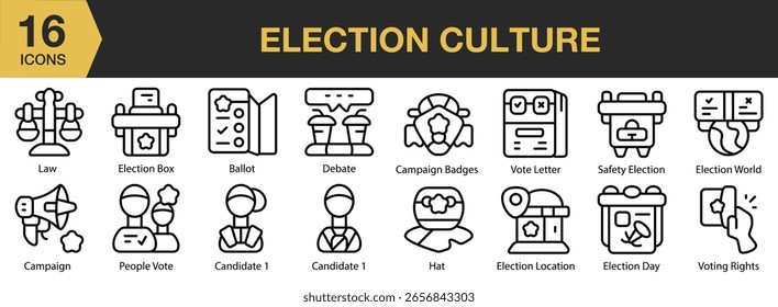 Conjunto de iconos de cultura electoral. Incluye elecciones, cultura, nacional, gobierno, país y más. Colección de Vector de iconos de contorno.